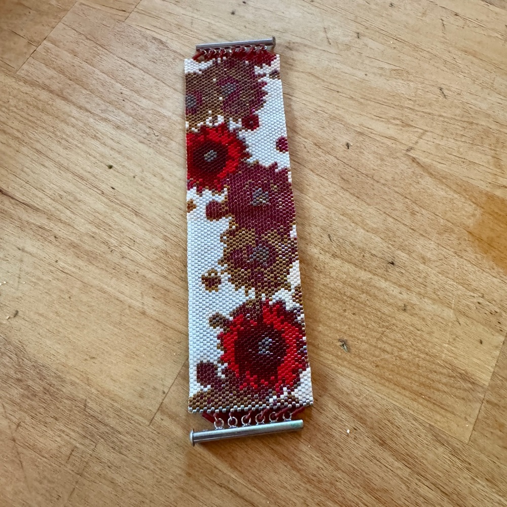Handmade Floral Beaded Bracelet - Red and Brown